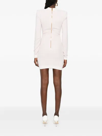 Balmain Buttoned Boucle Knit Strong-shoulder Mini Dress In Pink