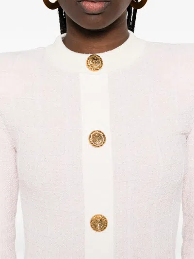 Balmain Buttoned Boucle Knit Strong-shoulder Mini Dress In Pink