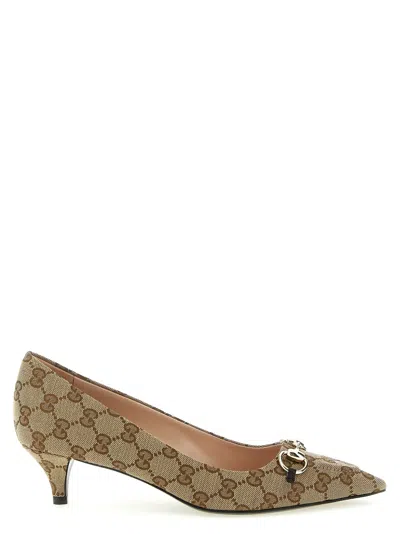 Gucci Women Beige And Dark Brown Gg Canvas Pumps With Horsebit In Multi