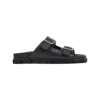 Prada Flat Sole Open Toe Leather Sandals In Black