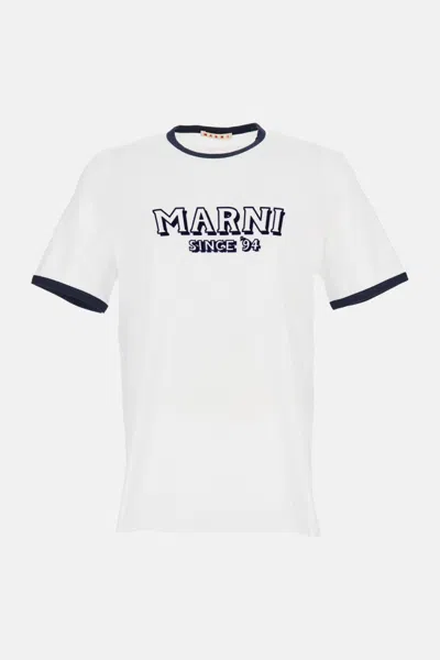 Marni Crew Neck T-shirt With Front Logo And Ribbed Accents In White