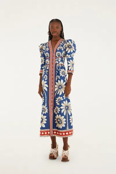 Farm Rio Luna Blue Long Dress With V Neck And All-over Floral Motif In Cotton Woman