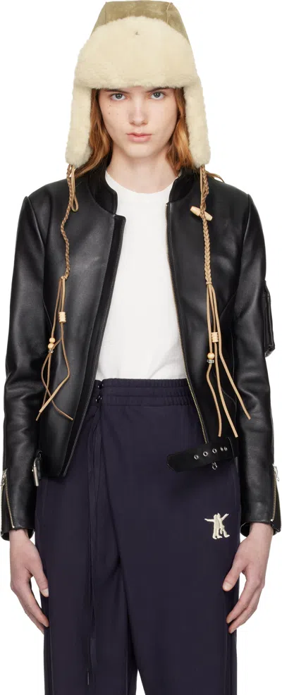 Open Yy Radius Motor Stand-up Collar Leather Jacket In Black