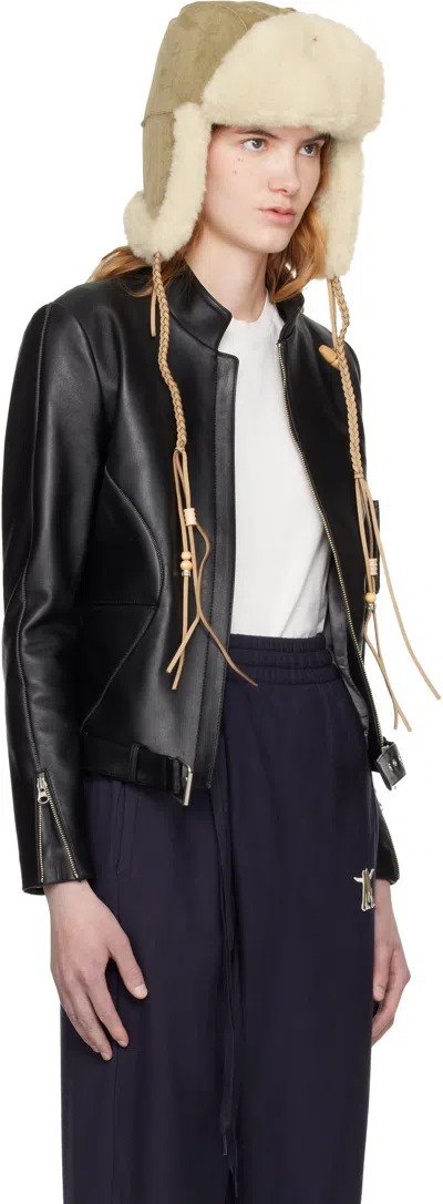 Open Yy Radius Motor Stand-up Collar Leather Jacket In Black