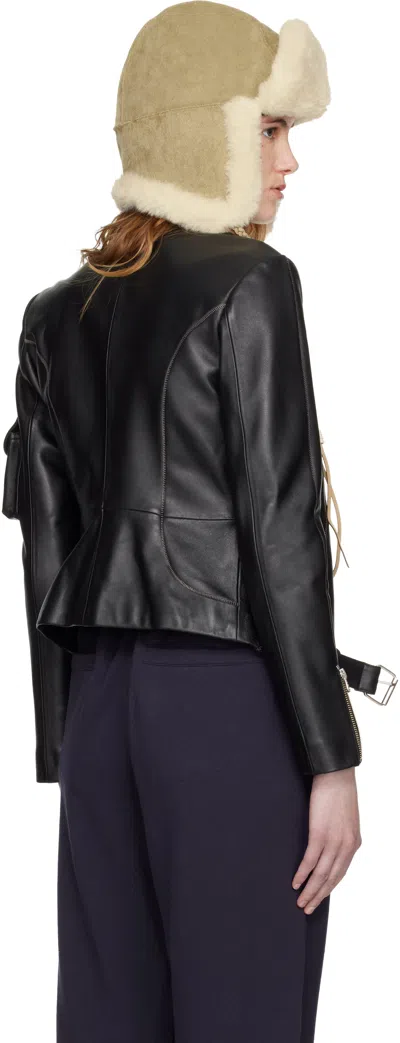 Open Yy Radius Motor Stand-up Collar Leather Jacket In Black