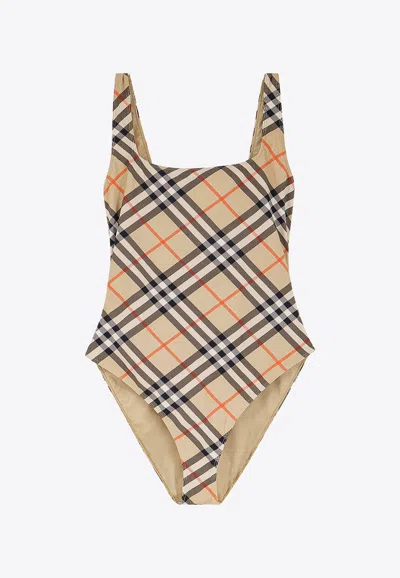 Burberry Women Nylon One-piece Swimsuit With Check Print In Neutral