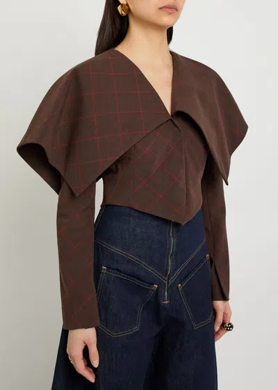 A.w.a.k.e. A.w.a.k.e Mode Oversized-collar Checked Cropped Jacket In Brown