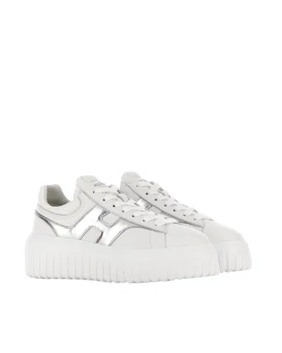 Hogan Women Silver H-stripes Leather Sneakers, 7.5 Luxury Sneakers For Women Darveys In White
