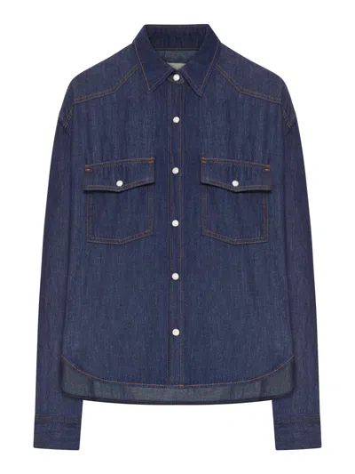 Khaite Neutrals Grenon Cropped Denim Cotton Shirt In Blue