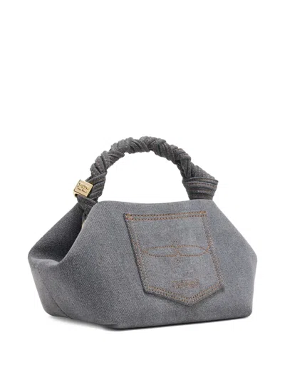 Ganni Small Twisted-handle Denim Clutch Bag In Gray