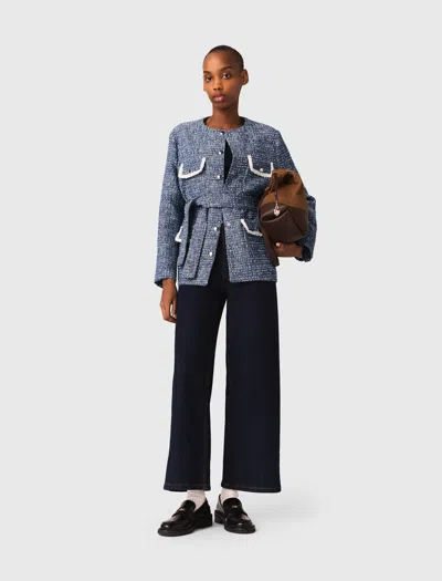 Maje Womens Blue Four-pocket Belted Tweed Jacket