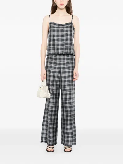 Theory Bind Strap Plaid Silk Top In Blue