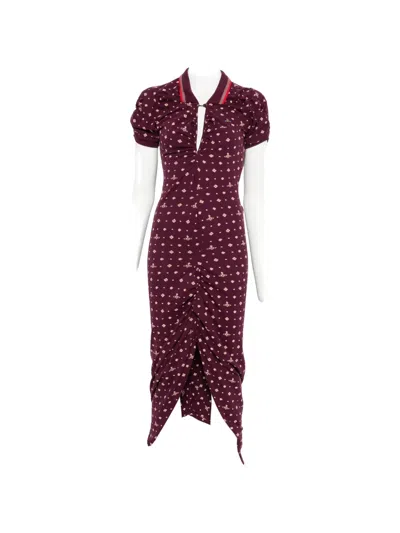 Vivienne Westwood Floral Ruched Dress Asymmetric Hem Short Sleeves In Burgundy