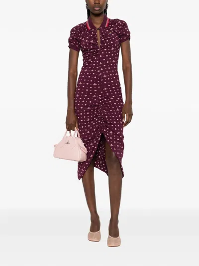 Vivienne Westwood Floral Ruched Dress Asymmetric Hem Short Sleeves In Burgundy