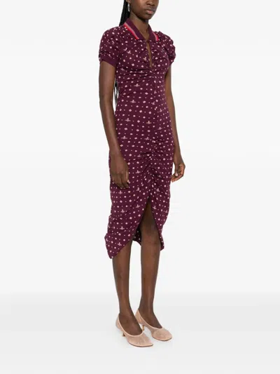 Vivienne Westwood Floral Ruched Dress Asymmetric Hem Short Sleeves In Burgundy