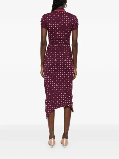Vivienne Westwood Floral Ruched Dress Asymmetric Hem Short Sleeves In Burgundy