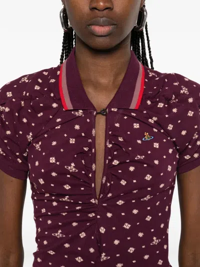 Vivienne Westwood Floral Ruched Dress Asymmetric Hem Short Sleeves In Burgundy