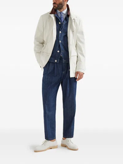 Brunello Cucinelli Men Lightweight Denim Jacket With Leather Collar In Animal Print