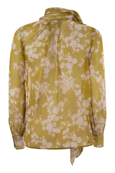 Elisabetta Franchi Floral Print Silk Blouse With Bow Detail In Yellow