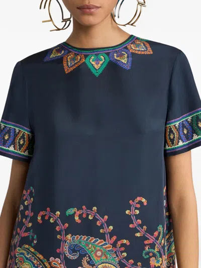 Etro Women Blue Paisley-print Habotai Silk Tunic Short Dress In Multi