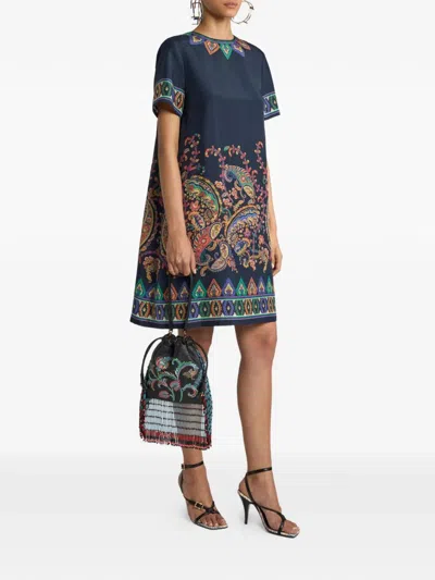 Etro Women Blue Paisley-print Habotai Silk Tunic Short Dress In Multi