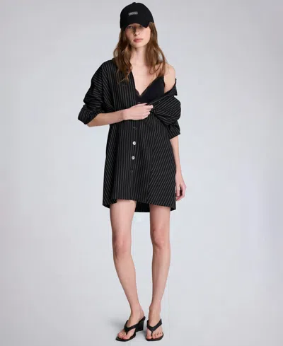 Kenneth Cole Pinstripe Long Sleeve Shirtdress In Black