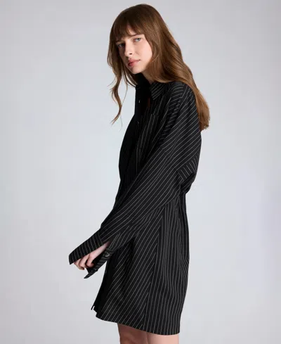 Kenneth Cole Pinstripe Long Sleeve Shirtdress In Black