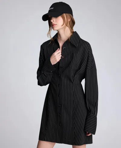 Kenneth Cole Pinstripe Long Sleeve Shirtdress In Black