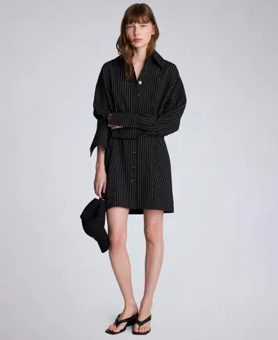 Kenneth Cole Pinstripe Long Sleeve Shirtdress In Black