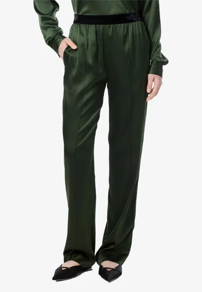 Tom Ford Green Pants With Elastic Waist With Logo Lettering In Silk Stretch Woman In Green