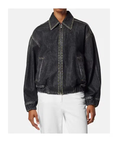 Versace Denim Jacket Elasticated Cuffs Hem Pockets Studs In Black