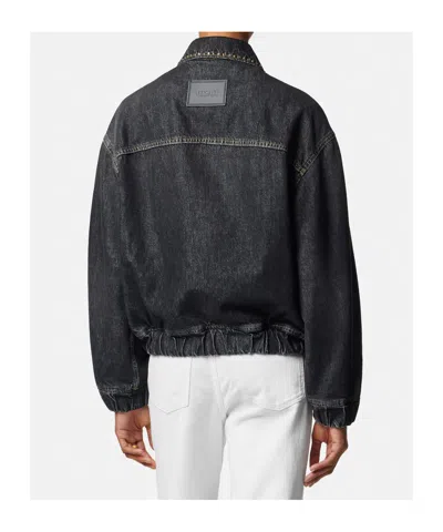 Versace Denim Jacket Elasticated Cuffs Hem Pockets Studs In Black