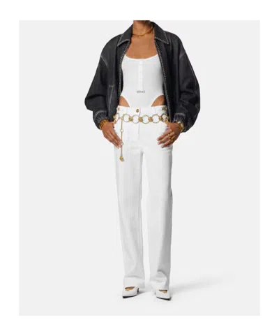 Versace Denim Jacket Elasticated Cuffs Hem Pockets Studs In Black