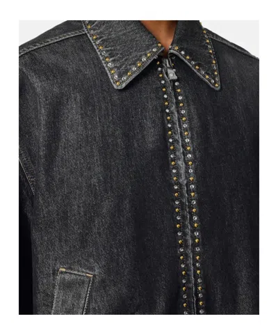 Versace Denim Jacket Elasticated Cuffs Hem Pockets Studs In Black