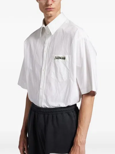 Balenciaga Short Sleeve Silk Blend Button Down Shirt In White