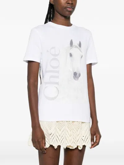 Chloé Cotton Crew Neck Graphic Short Sleeve T-shirt In White
