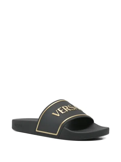 Versace Black Sandals With Logo Printed On The Front In Black