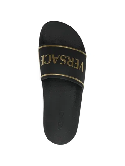 Versace Black Sandals With Logo Printed On The Front In Black