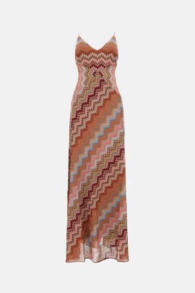 Missoni Multicolor Long Dress With Crossed Shoulder Straps And All-over Zigzag Motif In Viscose Woman In Brown