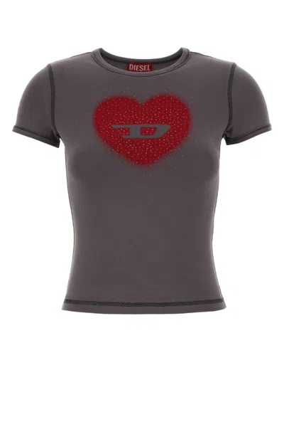 Diesel Slim T-shirt With Heart Print And Studs In Gray