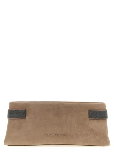 Brunello Cucinelli Essence Rectangular Suede Pouch Top Handle In Brown