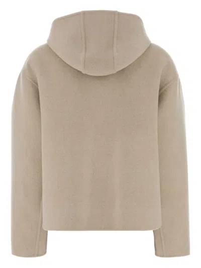 Fendi Wool Reversible Hooded Jacket Long Sleeves In Neutral