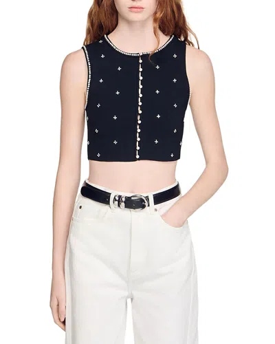 Sandro Womens Black Rhinestone-embellished Cropped Knitted Top