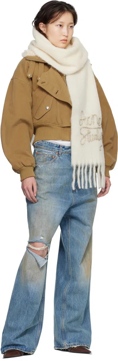 Acne Studios Off-white Wool Logo Scarf In Brown