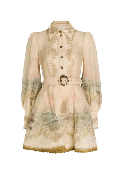 Zimmermann Womens Sunset Rebellion Marine Puffed-sleeves Linen And Silk Mini Dress Xs In Neutral