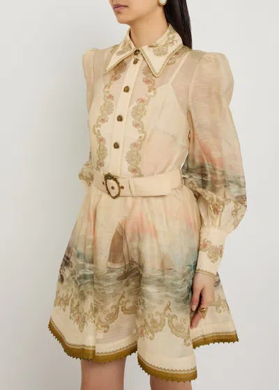 Zimmermann Womens Sunset Rebellion Marine Puffed-sleeves Linen And Silk Mini Dress Xs In Neutral