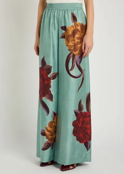 La Doublej La Double J Printed Silk-twill Palazzo Trousers In Green