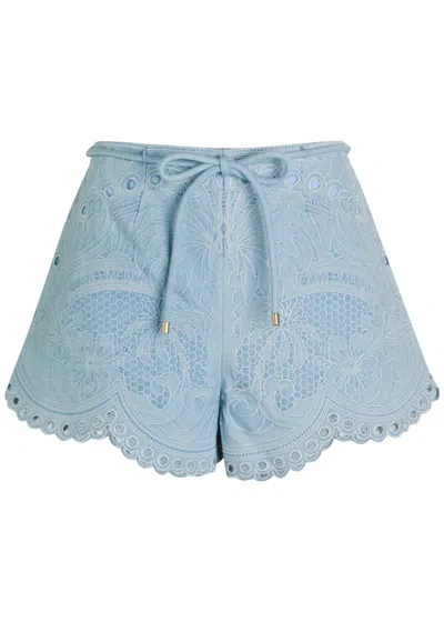 Zimmermann Daylight Scalloped Broderie Anglaise Denim Shorts In Blue
