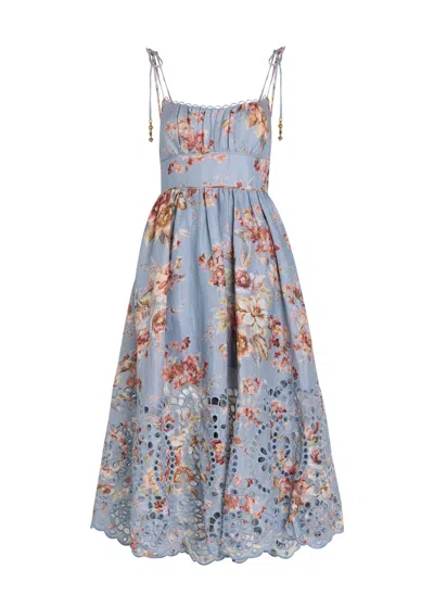 Zimmermann Womens Chambray Floral Awaken Picnic Floral Linen Midi Dress Xxs In Blue