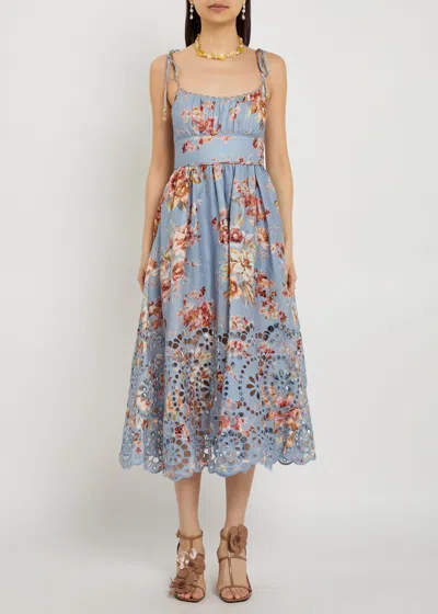 Zimmermann Womens Chambray Floral Awaken Picnic Floral Linen Midi Dress Xxs In Blue